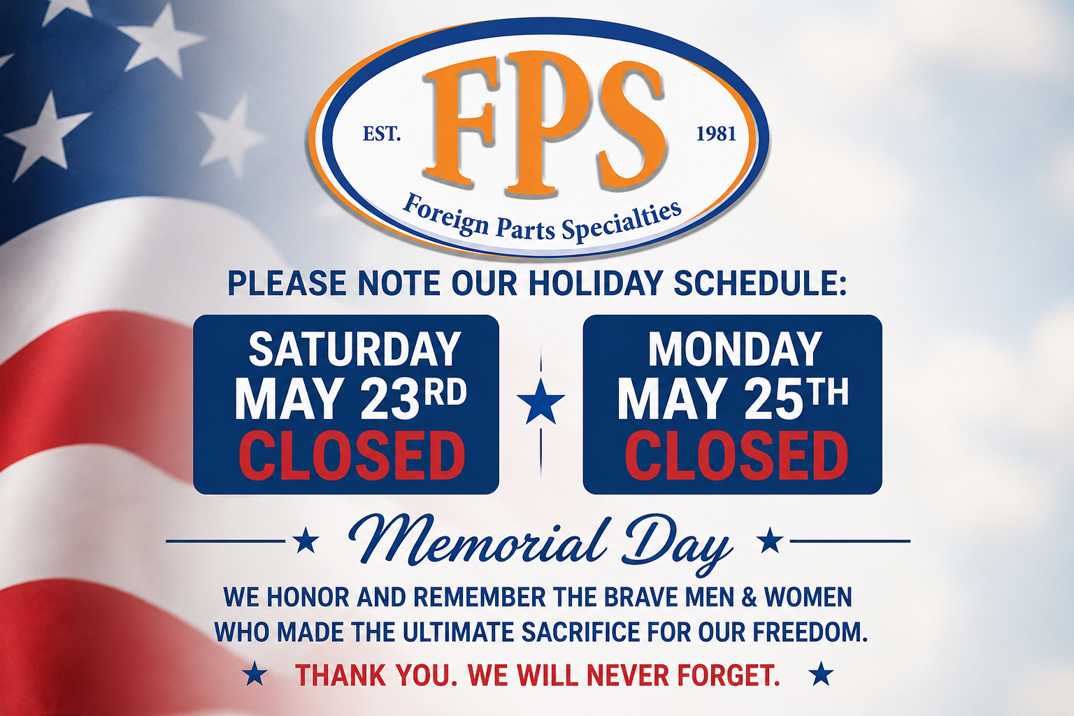 Closed saturday and monday for memorial day image